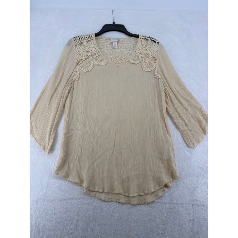 Chico's Blouse Womens 1 Medium Top‎ Cream Lace Yoke 3/4 Sleeve Rayon Gauze